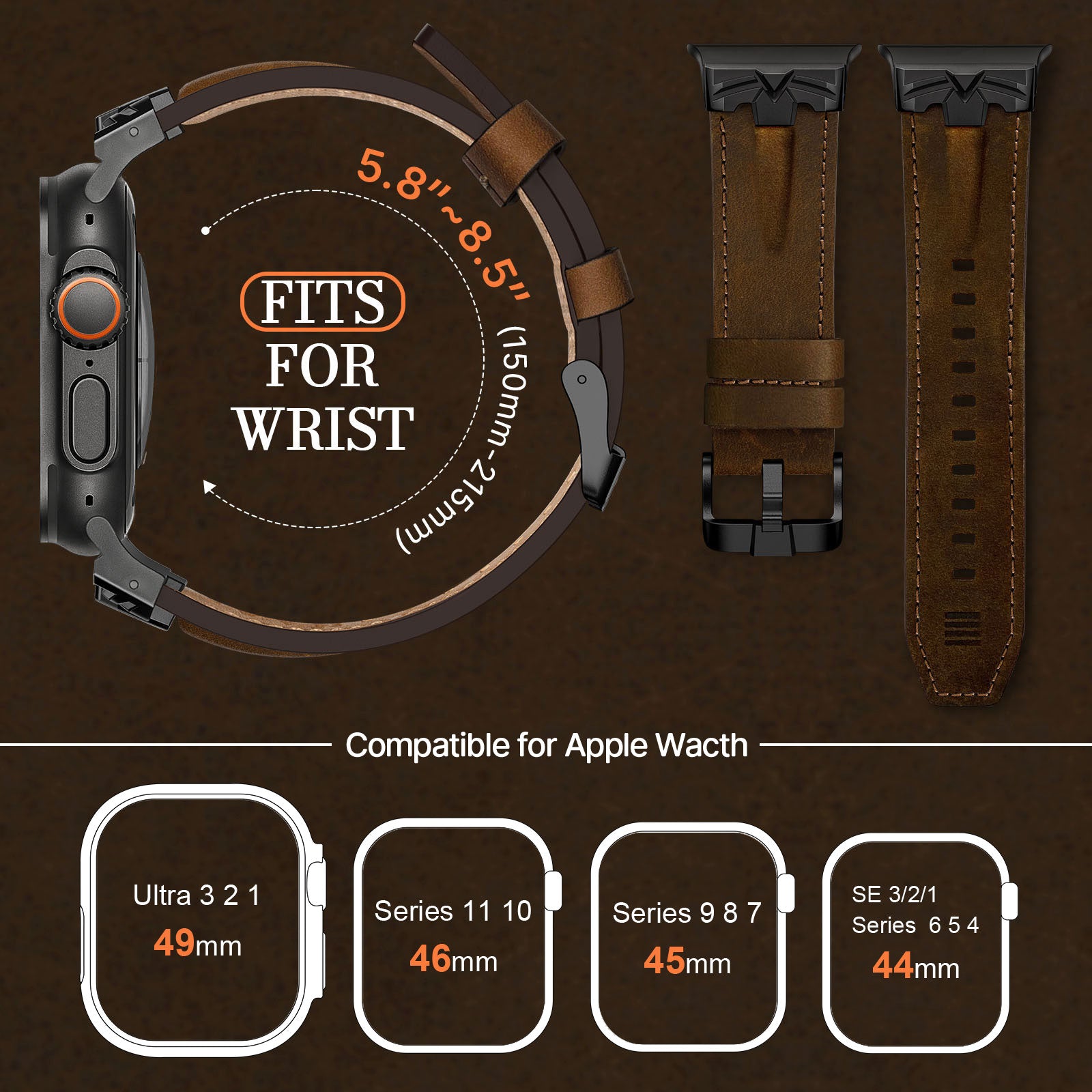 Leather Band Compatible for Apple Watch Ultra 3/2 Band 49mm 46mm 45mm 44mm, Genuine Leather Matel Replacement Strap for iWatch Ultra 3 2 1 Series 11 10 9 8 7 6 5 4 SE 3 2 1