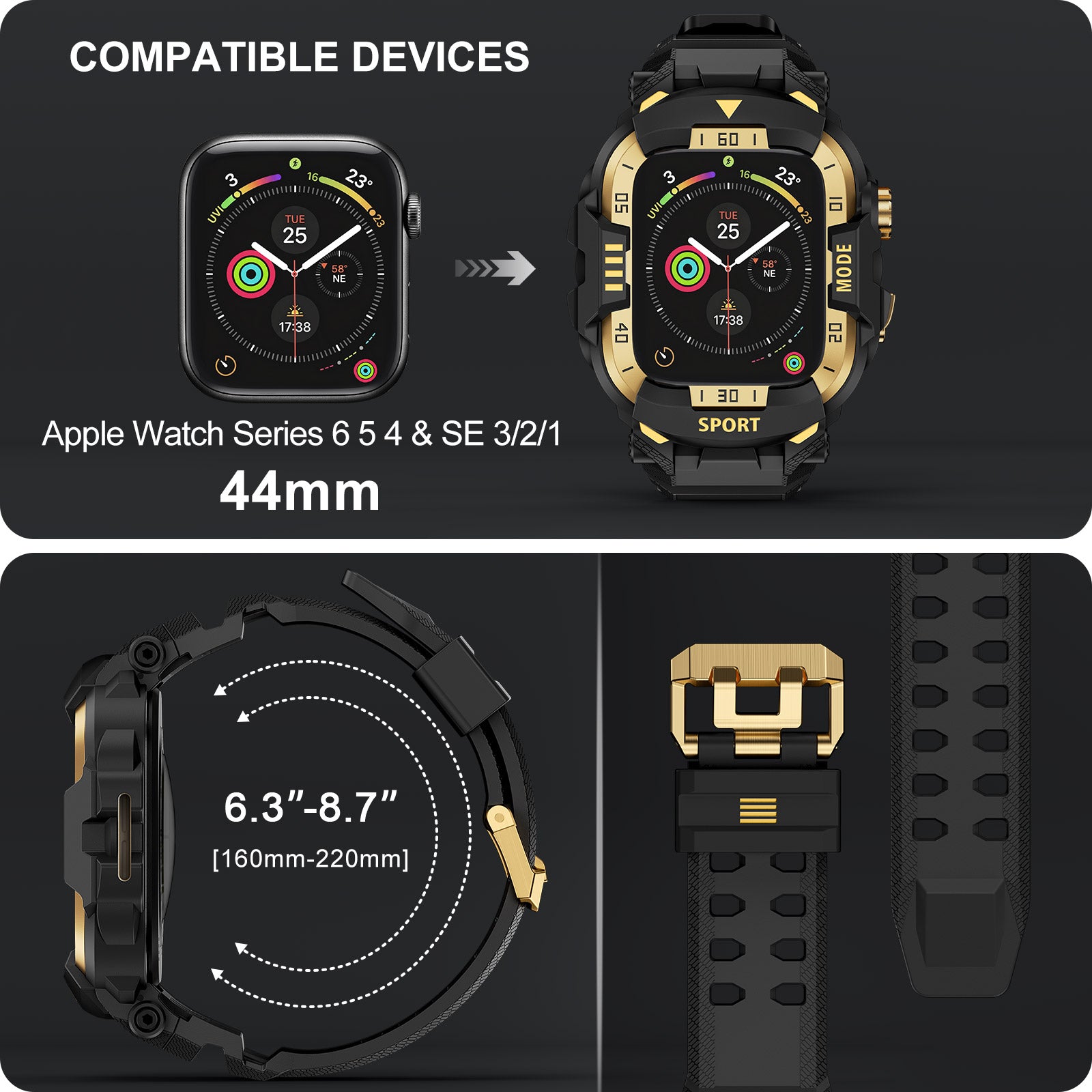 Rugged Case with Band Protector Compatible with Apple Watch 44mm, 45mm, 46mm, 49mm for iWatch Ultra 3/2/1 Series 11 10 9 8 7 6 5 4, Military Grade Shockproof Bumper and Men's Tactical Heavy Duty Strap