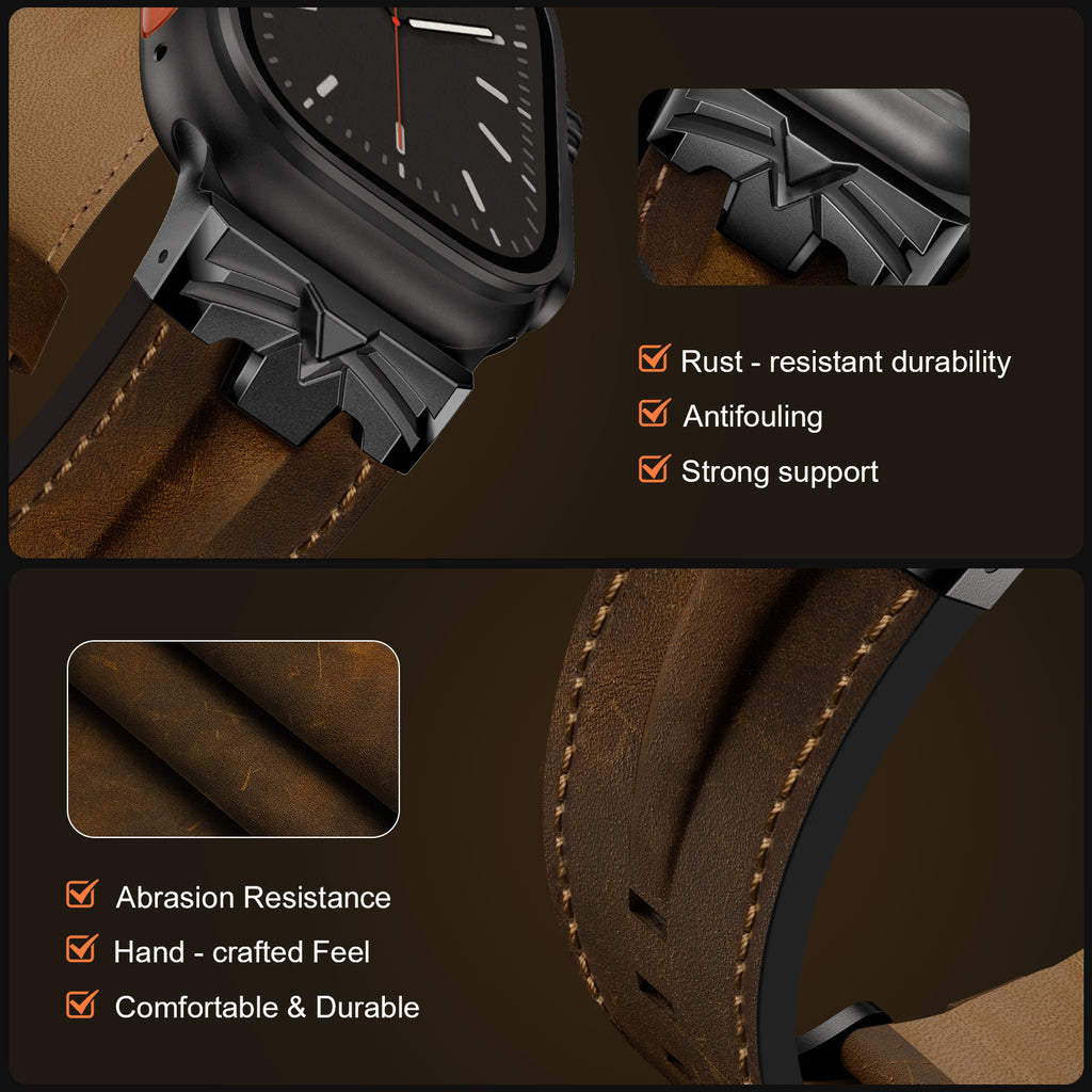 Leather Band Compatible for Apple Watch Ultra 3/2 Band 49mm 46mm 45mm 44mm, Genuine Leather Matel Replacement Strap for iWatch Ultra 3 2 1 Series 11 10 9 8 7 6 5 4 SE 3 2 1