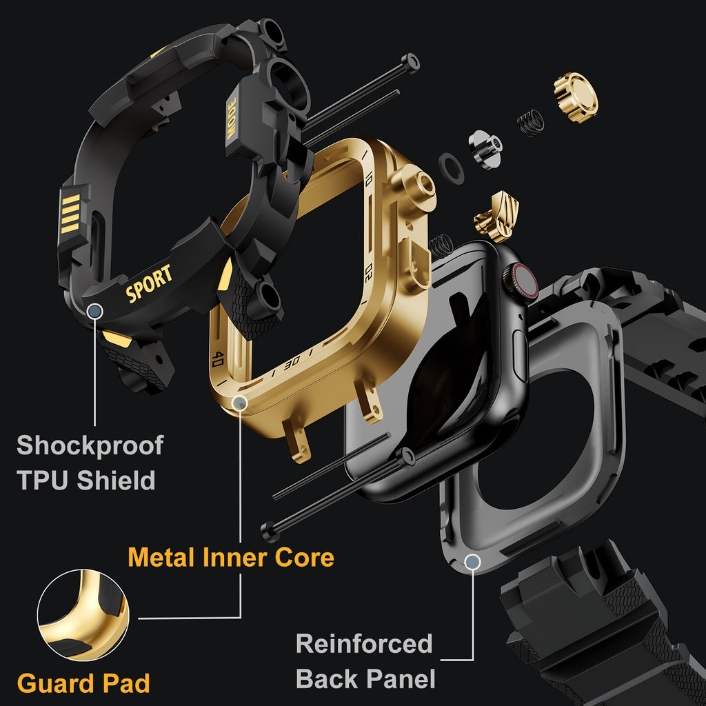 Rugged Case with Band Protector Compatible with Apple Watch 44mm, 45mm, 46mm, 49mm for iWatch Ultra 3/2/1 Series 11 10 9 8 7 6 5 4, Military Grade Shockproof Bumper and Men's Tactical Heavy Duty Strap