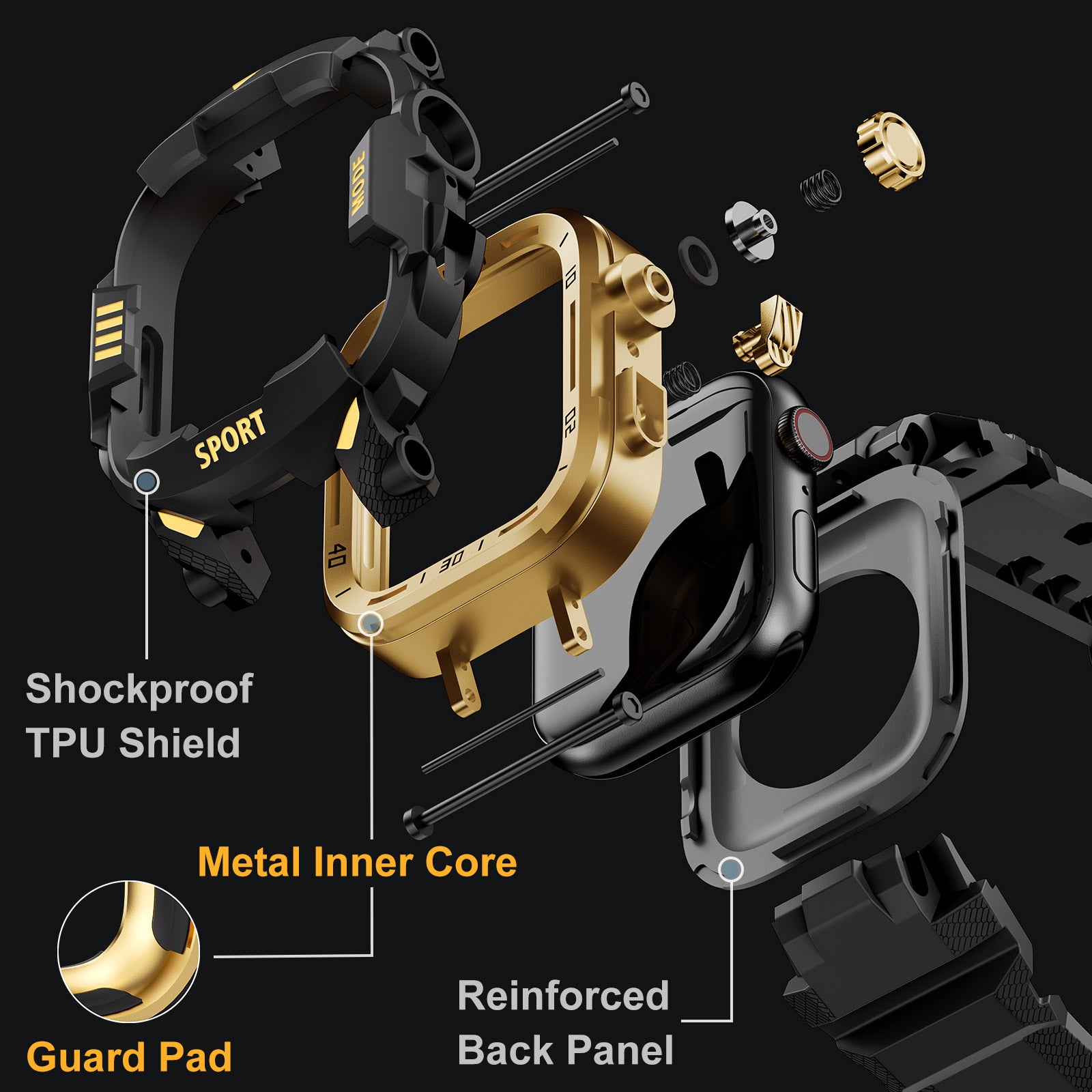 Rugged Case with Band Protector Compatible with Apple Watch 44mm, 45mm, 46mm, 49mm for iWatch Ultra 3/2/1 Series 11 10 9 8 7 6 5 4, Military Grade Shockproof Bumper and Men's Tactical Heavy Duty Strap