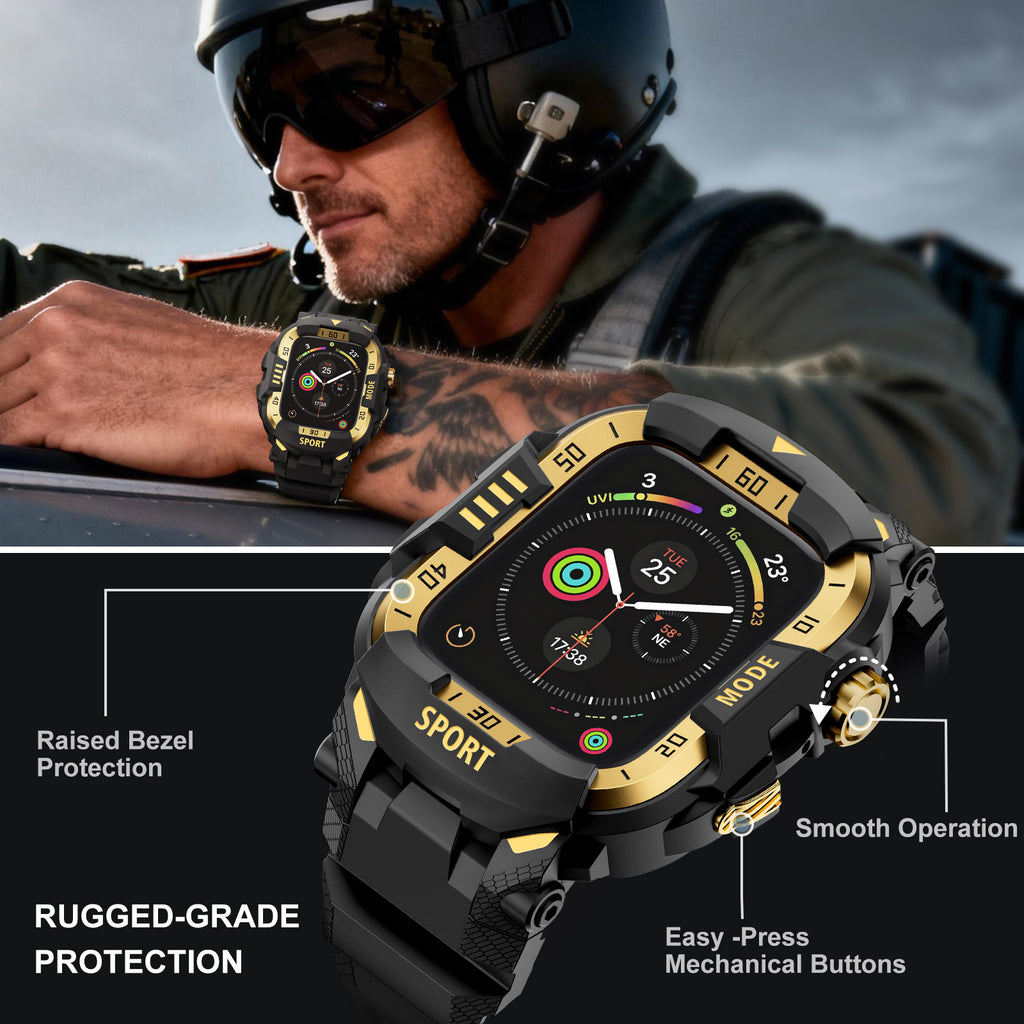 Rugged Case with Band Protector Compatible with Apple Watch 44mm, 45mm, 46mm, 49mm for iWatch Ultra 3/2/1 Series 11 10 9 8 7 6 5 4, Military Grade Shockproof Bumper and Men's Tactical Heavy Duty Strap