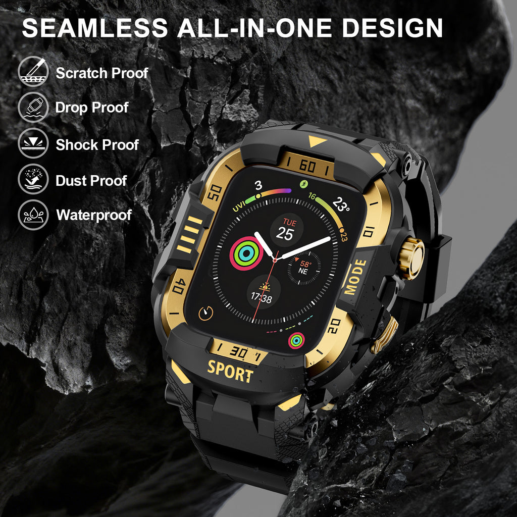 Rugged Case with Band Protector Compatible with Apple Watch 44mm, 45mm, 46mm, 49mm for iWatch Ultra 3/2/1 Series 11 10 9 8 7 6 5 4, Military Grade Shockproof Bumper and Men's Tactical Heavy Duty Strap